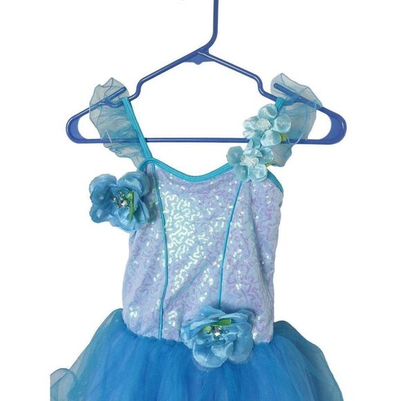 Curtain Call Costumes Girls Ballerina Ballet Blue Sequin with Hair Clip Medium - Picture 3 of 5